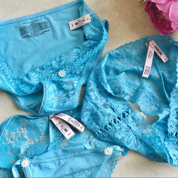 Victoria Secret Blue Lace Shine Panty LOT Medium - Picture 11 of 11